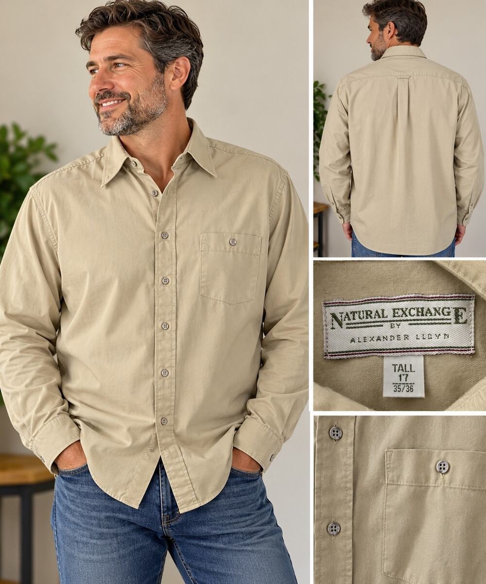 Alexander Julian Natural Exchange Mens 17 Tall 35-36 Khaki Cotton Button Shirt